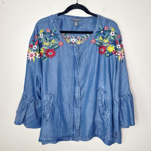 Chelsea & Theodore 3X Chambray‎ Floral Embroidered Ruffle Sleeve Full Zip Top - Picture 1 of 9